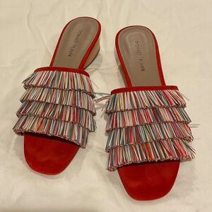 Donald Pliner red suede/multi-color raffia fringe slides size 9.5